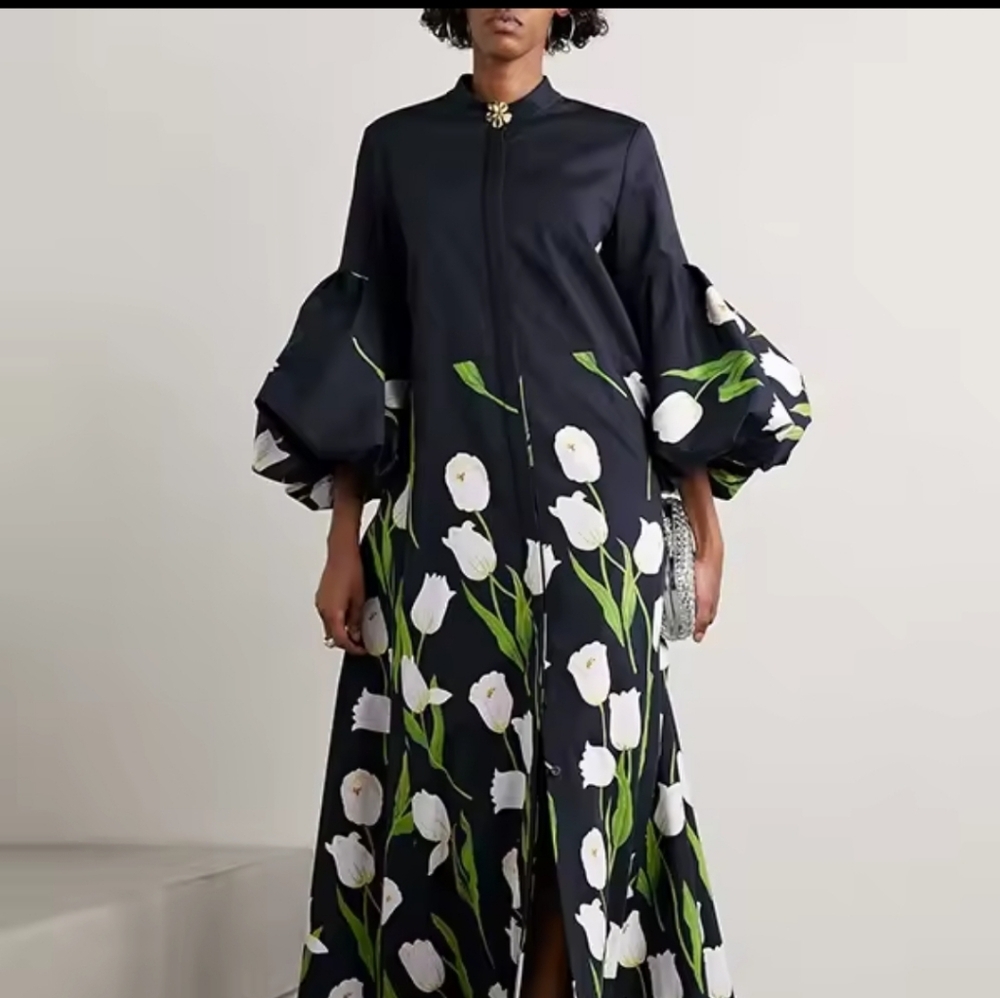 CollarTrench Coats For Women Lantern Sleeve Floral PrintedElegant Thin Outerwe